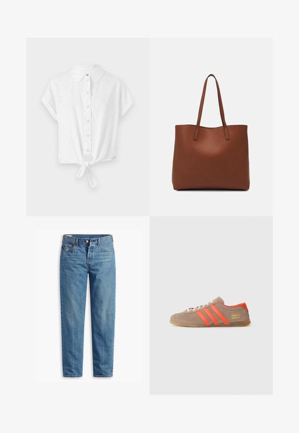 Camicia bianca a maniche corte con colletto, bottoni frontali e orlo annodato. Presenta un design ricamato a occhio per aggiungere texture e dettaglio.; Jeans in denim blu con una vestibilità a gamba dritta, dotati di zip e due tasche frontali, con una leggera scoloritura in tutto il tessuto.; Sneaker in suede marrone con tre strisce arancioni vivaci, lacci frontali e marchio dorato "Gazelle" sul lato. Suola piatta in gomma.; Borsa tote in pelle marrone con texture liscia, design con apertura superiore e due spallacci. Presenta cuciture minime e nessun hardware visibile.