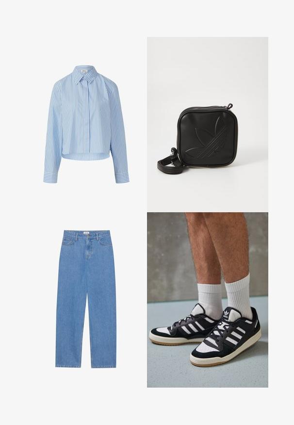 Camisa a rayas azul claro y blanca con cuello, cierre de botones y mangas largas. La tela parece suave y ligera.; Jeans de mezclilla azul claro con corte recto, diseño de cinco bolsillos, cierre de un solo botón y detalles de costura sutiles en las costuras.; Zapatillas en blanco y negro con parte superior de ante y cuero, que presentan tres franjas blancas, una puntera perforada y una suela de goma.; Bolso cruzado negro hecho de material sintético texturizado. Presenta un diseño de logo en relieve y correa ajustable. Cierre con cremallera.