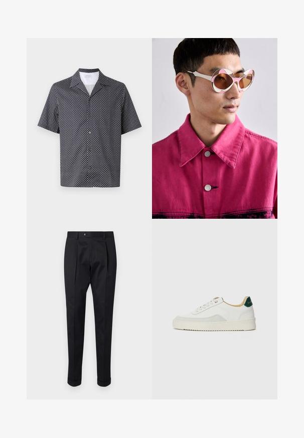 Kratka majica s kratkimi rokavi iz mornarsko modrega blaga, ki vsebuje bel krožni vzorec, ovratnikom z izrezom in s sprednjim zapenjanjem na gumbe črne barve.; Črne hlače iz gladkega materiala, z zavihkom spredaj, gumbom za zapiranje in zvitim robom ob gležnjih.; Bela trenerka z zaključki iz semiša, okroglo konico, ravne vezalke in kremna gumijasta podplata. Ima zeleno blagovno znamko na peti.; Bela in roza oversize sončna očala s ukrivljenim okvirjem, ki imajo rjave leče. Model nosi roza denimsko jakno s ovratnikom.