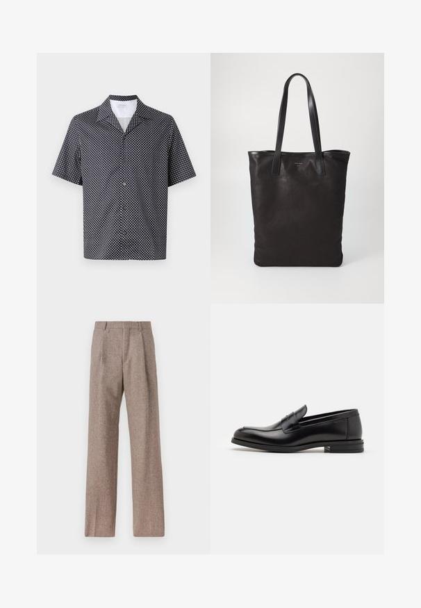 Kurzarmhemd aus navy Stoff mit einem weißen kreisförmigen Muster, einem eingeschnittenen Kragen und einer durchgehenden Knopfleiste mit schwarzen Knöpfen.; Braune, hochtaillierte Hose aus strukturiertem Stoff. Mit weitem Bein und zwei vorderen Bügelfalten für zusätzliche Form. Saubere Verarbeitung ohne sichtbare Hardware.; Schwarze Lederloafers mit glatter Textur, rundem Zehenbereich und einem dekorativen Riemen über dem Vorderfuß. Niedriger, gestapelter Absatz, minimalistisches Design.; Schwarze Stofftote mit schwarzen Ledergriffen. Einfaches Design, geräumiger Körper und glatte Textur. Keine sichtbaren Logos oder Muster.