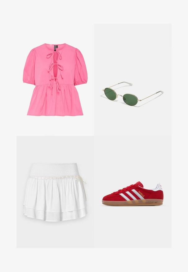Rosa bomullstopp med puffärmar, en nyckelhålskärning med band och en rynkad peplumslängd. Slät textur och avslappnad design.; Vit lager-på-lager kjol med elastisk midja, med detaljer av texturerad smock och en dekorativ satinsnodd. Tillverkad av bomull.; Röd mocka sneaker med vitt tre-stripes mönster och guld "Gazelle" text. Har en gumminocke och texturerad häl.; Solförmda solglasögon med guldram och gröna ovala linser samt tunna metalldelar. Utrustad med klara plastspetsar på armarna för ökad komfort.; Vävd halmstruktur med bruna läderdetaljer, två handtag och en avtagbar rem. Böjd form med en stabil botten.