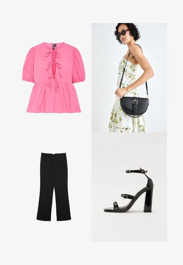 Różowa bawełniana bluzka z bufkami, z wycięciem w kształcie łezki z wiązaniami oraz marszczonym dołem w stylu peplum. Gładka faktura i swobodny fason.; Czarne spodnie o prostym kroju, z przednimi kieszeniami i bocznymi rozcięciami na dole. Wykonane z miękkiego, gładkiego materiału. Odpowiednie na różne okazje.; Czarne lakierowane sandały na obcasie z kwadratowym noskiem, z paskami wokół kostki i srebrnymi klamrami. Posiadają masywny słupek dla stabilności.; Czarna skórzana torebka o zakrzywionym kształcie, z odpinanym paskiem i złotymi akcentami. Torebka posiada klapę z zapięciem w kształcie klamry.
