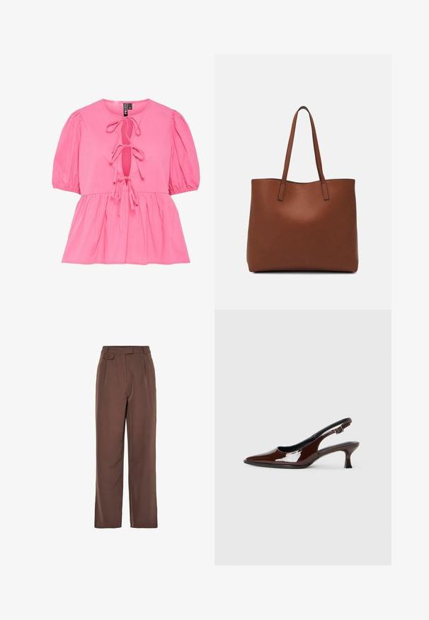 Top in cotone rosa con maniche a sbuffo, un taglio a chiave con lacci e un bordo peplum arricciato. Texture liscia e design casual.; Pantaloni larghi a gamba dritta in marrone intrecciato con vita alta, pieghe frontali e dettaglio con bottone. Texture liscia con un design sartoriale.; Scarpa slingback in pelle verniciata marrone con punta affusolata e tacco moderato. Presenta una fascia con fibbia per una calzata sicura. Tessuto liscio.; Borsa tote in pelle marrone con texture liscia, design con apertura superiore e due spallacci. Presenta cuciture minime e nessun hardware visibile.