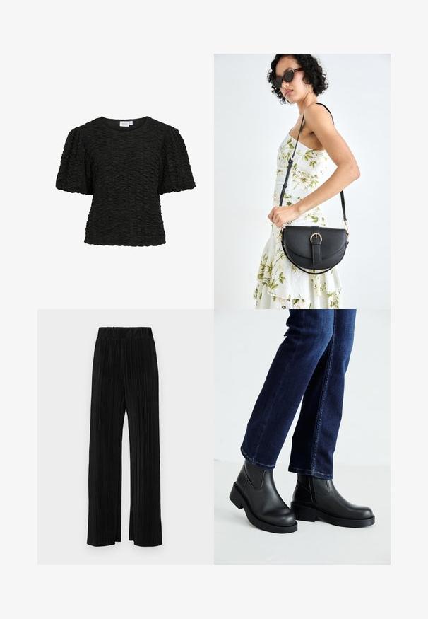 Svart t-skjorte med kort erme og teksturert, rynket design. Rund halslinje og løs passform. Stoffet ser mykt og noe elastisk ut.; Sorte plisserte bukser med elastisk midje. Har vide ben og et glatt, strukturert stoff med vertikale striper.; Sorte lær ankelsko med en kraftig såle og elastiske paneler på siden, kombinert med mørkeblå jeans. Underlaget er lyst.; Svart lærveske med en buet form, avtagbar stropp og gullbeslag. Vesken har et klaff med spenne-detall.