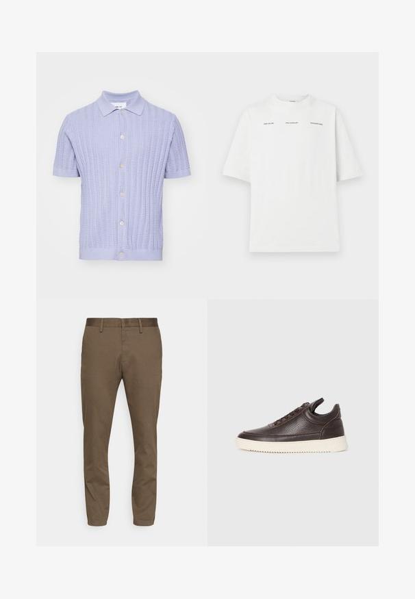 NN.07 NOLAN - Chemise - lilac; T-shirt en coton blanc avec une coupe décontractée, un col rond, des manches courtes et des étiquettes texte en noir. Sans motifs ni graphiques.; Pantalon en tissu extensible marron avec une coupe slim. Équipé d'une taille lisse, de passants de ceinture et de deux poches avant.; Baskets en cuir texturé brun foncé avec un dessus à lacets et une semelle en caoutchouc blanc striée sur un fond clair et uni.