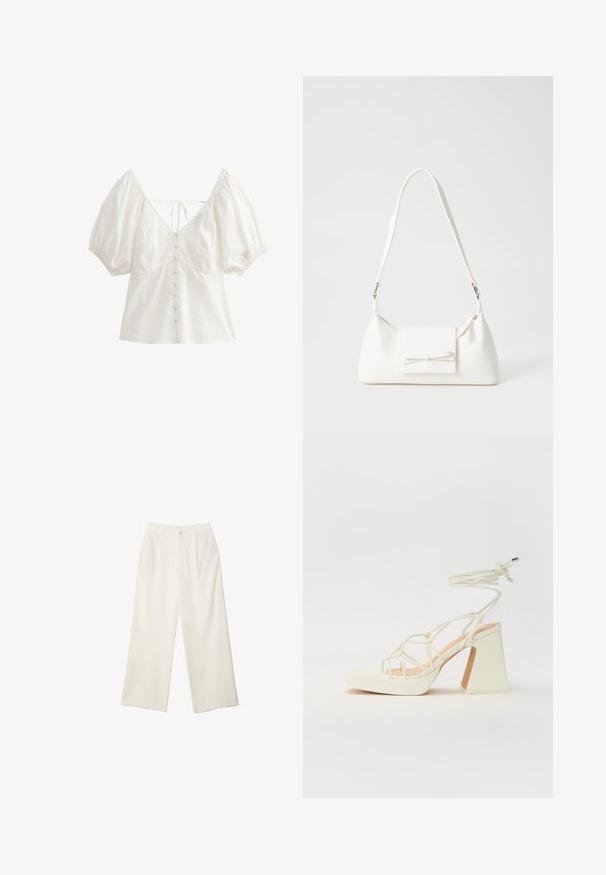 Weiße Bluse mit Puffärmeln, V-Ausschnitt und Schleife im Rücken. Sie verfügt über eine Knopfleiste auf der Vorderseite und ein ausgeschnittenes Blumenmuster im Stoff.; Helle Stoffhose mit weitem Bein und glatter Textur, ausgestattet mit einem einzelnen Knopf vorne, dezenten Falten und einem Hochbund-Design.; Weiße High-Heel-Sandale mit einem klobigen Absatz, die über ein Riemchendesign und ein Knöchelband verfügt. Glatte Textur mit einer Plattform vorne für zusätzliche Höhe.; Weiße synthetische Handtasche in dreieckiger Form, flache Vorderklappe und Schleifendetail, verstellbarer Trageriemen, glatte Textur und minimalistisches Design.