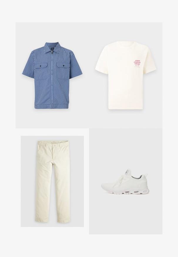 Koszula z krótkim rękawem w niebiesko-białą kratę, z guzikiem z przodu, dwiema kieszeniami na piersi i kołnierzykiem typu spread. Wykonana z lekkiego materiału.; Biała koszulka z krótkim rękawem z czerwonym napisem "Studio Originals Edition" po lewej stronie klatki piersiowej, wyeksponowana na neutralnym szarym tle.; Jasno beżowe luźne spodnie z trzema kieszeniami, paskami na pasek oraz prostym krojem nogawki. Wykonane z miękkiej mieszanki bawełny.; Białe buty sportowe z teksturowaną cholewką z dzianiny, płaskimi sznurowadłami oraz wyściełaną podeszwą z widocznymi komorami powietrznymi dla dodatkowego wsparcia.