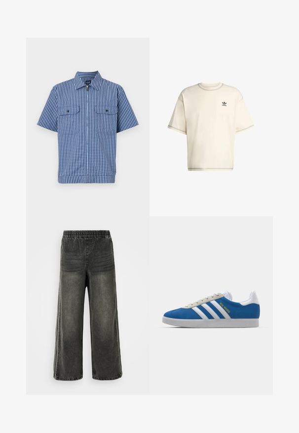 Camisa de manga corta con un estampado de cuadros en azul y blanco, con cierre de botones en la parte delantera, dos bolsillos en el pecho y un cuello tipo spread. Fabricada con material ligero.; Camiseta de algodón de gran tamaño de color crema, con mangas cortas, cuello redondo y logo negro de Adidas en el lado izquierdo del pecho.; Pantalones de mezclilla negro lavado con cinturilla elástica y piernas anchas, con sutiles detalles de costura vertical en los lados.; adidas Originals ADIDAS GAZELLE SHOES - Botines de fútbol sala - real madrid/bluebird/footwear white/crew yellow