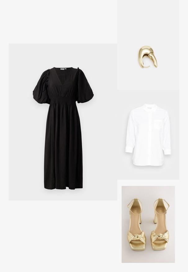 Baltā kokvilnas krekls ar garām piedurknēm. Iespējas ar pogu aizdari priekšpusē, norādītu apkakli, vienu krūšu kabatu un sarullētām piedurknēm. Gluda tekstūra.; Melnas midi kleitas ar dziļu V veida kakla izgriezumu, pūkainām īsām piedurknēm un savilktu elastīgu jostasvīru, nodrošinot pieguļošu siluetu.; Zelta tonī spāres ar mezglotu, plisētu siksnas dizainu, kvadrātveida purngals un potītes siksniņa ar metāla spīdumu. Gluda tekstūra, masīvs papēdis.; Melnas ādas rokassoma ar izliekta formu, noņemamu siksnu un zelta aksesuāriem. Somai ir vāciņš ar sprādzes detaļu.; Zeltīti metāla auskari ar gludu, izliekta dizaina. Ar atšķirīgu smailu formu, pulētu virsmu un eņģu aizdari.