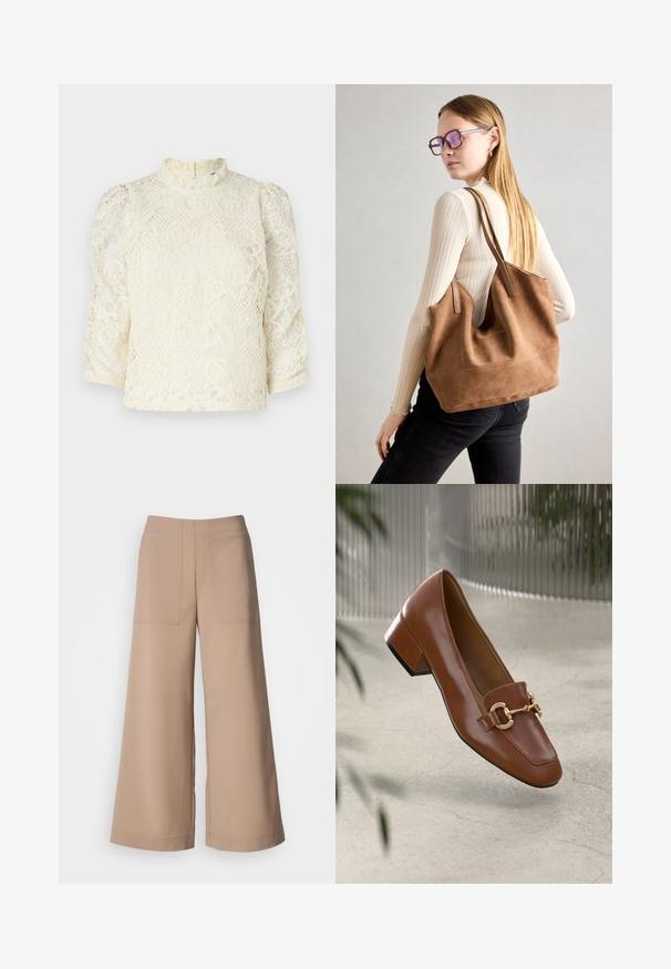 Lollys Laundry LILOULL BLOUSE - Bluse - off-white; Videbukser i en lys beige farve. Har to forreste påsatte lommer, flad talje og en glat tekstur med en skræddersyet finish.; Brun lakkert skinn loafer med firkantet tå, metallkjedeakkent, og lav blokkheel; glatt tekstur, minimalistisk design.; Brun semsketotebag med myk tekstur, stor åpning og lange stropper. Har et enkelt design med synlig søm og uten maskinvare.