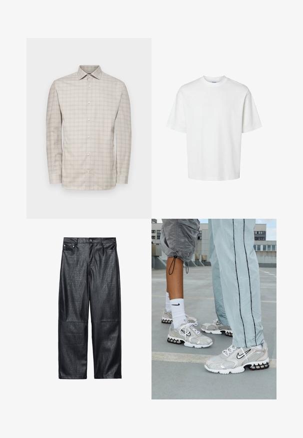 Langermet skjorte med knapper i lys beige med en fin rutete mønster. Har krage og knappelukking, laget av lett stoff.; Hvit bomull t-skjorte med korte ermer, rund hals og avslappet passform. Glatt tekstur uten synlige mønstre eller detaljer.; Sorte imitert skinn vidde bukser med krokodille tekstur, tradisjonell fem-lommers design, og detaljer med sølvfarget knapp og nagler.; Nike treningesko laget av sølvfarget mesh-materiale, med hvite lisser, en svart swoosh-logo og såle med luftdemping i svart og rødt.