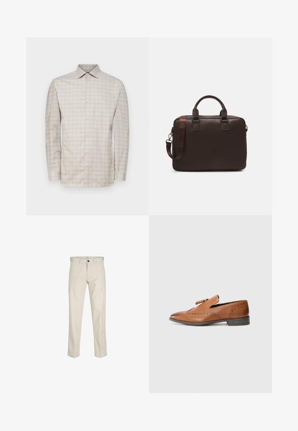 Camisa de manga larga con botones en beige claro con un fino patrón de cuadros. Presenta un cuello y cierre frontal de botones, confeccionada en una tela ligera.; Pantalones de algodón beige con corte recto, cierre de botones, bolsillos frontales y costuras cosidas. Textura suave, detalles mínimos y sin patrones.; Zapato de cuero marrón con detalles perforados, laterales texturizados, suela plana y un lazo decorativo en la parte superior. Diseño clásico con un acabado suave.; Bolso de cuero marrón para portátil con una superficie texturizada, dos asas superiores, correa ajustable y dos hebillas en el frente para un detalle adicional.