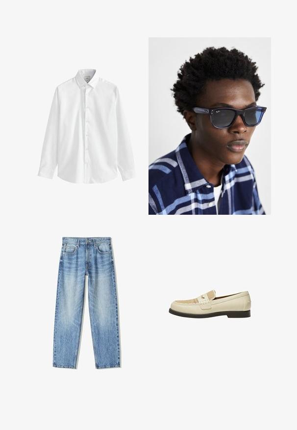 Weißes Langarmhemd aus glattem Baumwollstoff, mit einem Button-Down-Kragen, Frontknöpfen und normalen Manschetten. Keine Muster oder Akzente.; Helle blaue Denim-Jeans mit lockerem Schnitt, geradem Bein-Design, fünf Taschen und verblasster Textur. Enthält einen Frontknopf- und Reißverschluss.; Beige Lederloafers mit gewebtem Detail an der Zehe und einer flachen braunen Sohle. Mit einem dekorativen Riemen an der Vorderseite.; Blaue Ray-Ban Sonnenbrillen mit glänzender Oberfläche, quadratischer Form und dunklen Gläsern; getragen mit einem karierte Hemd in Marineblau und Hellblau.