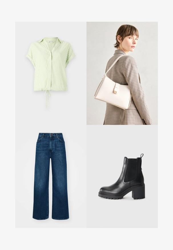 Light green striped short-sleeve blouse with a button-down front and a drawstring hem. Smooth fabric with a relaxed fit.; High-waisted, wide-leg jeans in dark blue denim with a smooth texture, contrast stitching, and five-pocket design. Front button closure.; Black leather ankle boot with a chunky heel, elastic side panels, and a pull tab at the back. Textured sole for added grip.; White leather handbag with a structured design, featuring a magnetic clasp and a shoulder strap, showcased against a neutral background.