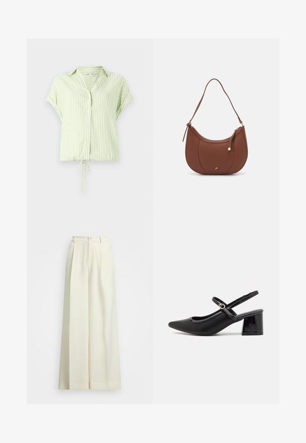 Světle zelená pruhovaná blůza s krátkým rukávem, knoflíkovým zapínáním vpředu a stahovací spodní částí. Hladká látka s volným střihem.; Široké nohavice v barvě slonové kosti, s vysokým pasem, dvojitými sklady a zapínáním na knoflík. Hladká textura a pohodlný střih.; Černé lakované lodičky s otevřenou patou, špičatou špičkou, zaobleným střihem a blokovým podpatkem. Zdobené akcentem v zlatém tónu.; Hnědá kabelka přes rameno z umělé kůže s zakřiveným tvarem, minimálním prošíváním a zlatým kovovým akcentem. Disponuje vrchním zipovým uzavíráním a nastavitelným popruhem.