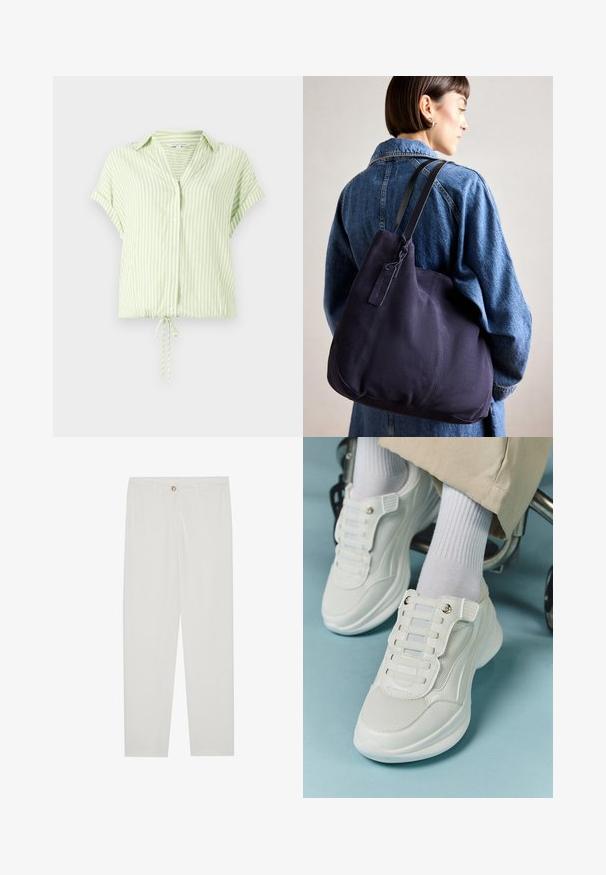 Light green striped short-sleeve blouse with a button-down front and a drawstring hem. Smooth fabric with a relaxed fit.; White, tailored trousers with a straight leg design, featuring a button closure, belt loops, and side pockets; smooth fabric texture.; White sneakers featuring a mesh material, rubber sole, lace-free design with elastic bands, and gold-toned accents.; Navy canvas shoulder bag with a soft, structured shape, featuring a black strap, stitched detailing, and a small brand tag.