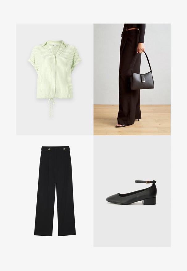 Gaiši zaļš svītrots īsām piedurknēm blūze ar pogu aizdari priekšpusē un kordes apakšmalu. Gluda auduma, ar brīvu piegriezumu.; Melnas platās bikses ar augstu jostasvietu, pogu detaļām uz jostas un priekšējām krokām.; Melnas ādas sūkņi ar smailu purngalu un zemu bloku papēdi. Iezīmēts ar potītes siksniņu ar zelta krāsas sprādzi. Gluda tekstūra.; Melnā somiņa ar strukturētu formu, gludu tekstūru un metālu sprādzi. Saskaņota ar platām melnām biksēm un sandālēm ar atvērtu purngalu uz koka grīdas.