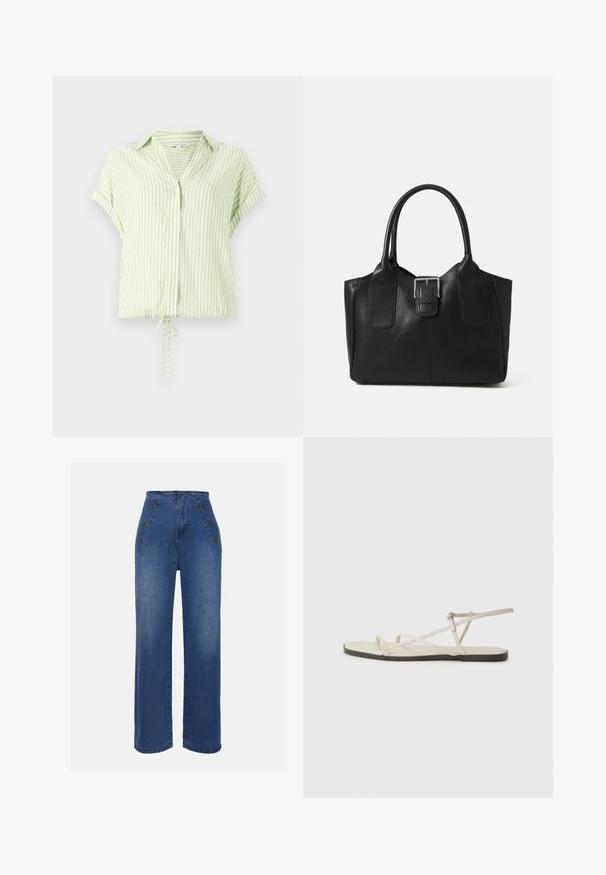 Világoszöld csíkozott, rövid ujjú blúz gombos elejével és húzózsinóros alsó résszel. Sima anyag, laza fazon.; Közepesen kék, magas derekú farmernadrág. Elöl gombos részletek és széles szárú kialakítás jellemzi. Az anyaga sima tapintású, enyhén megfakult.; Beige lapos szandál, amelyet több vékony pánt díszít, és állítható csattal rendelkezik. A talpa lapos, az élein enyhe sötét kontraszttal.; Fekete bőr bevásárlótáska sima textúrával, strukturált formával, két fogantyúval és egy figyelemfelkeltő ezüst csattal az elején.