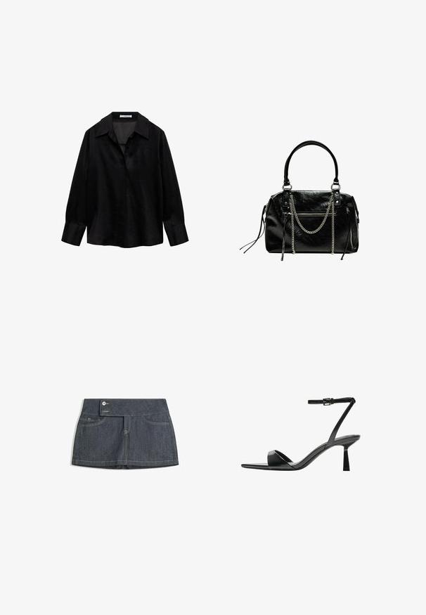 Maglietta nera a maniche lunghe realizzata in materiale liscio con colletto ampio. Presenta una patta senza bottoni e una vestibilità rilassata.; Gonna di jeans scuri con alta vita, dotata di due tasche anteriori, chiusura a bottoni e cuciture a contrasto lungo i bordi.; Bershka Sandali con tacco - black; Bershka WITH CHAIN - Borsa a mano - black