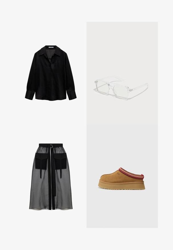 Mustat pitkät hihat -paita, joka on valmistettu sileästä materiaalista ja jossa on leveä kaulus. Samanlaisia napittomia halkioita ja rento istuvuus.; Musta läpinäkyvä hame, jossa on kerätty vyötärö, kaksi suurta etutaskua, vyönauha ja pyöreä metallikoriste.; Ruskosuede-lenkkari, jossa on punavalkoinen kuvioitu reunus, teksturoidun pohjan ja UGG-logo sivussa. Sisältää kevyen korotuksen.; Selkän muodikkaat suorakaiteen muotoiset aurinkolasit, joissa on läpinäkyvät kehykset, vaalean vihreät linssit ja hienovaraiset yksityiskohdat sangoissa. Kevyt muotoilu, moderni malli.