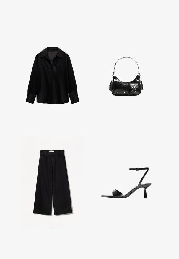 Crna košulja dugih rukava od glatkog materijala s širokim ovratnikom. Ima otvor za dugmad bez dugmadi i ležeran kroj.; Bershka WIDE-LEG - Široke nogavice - black; Bershka Sandale s visokom petom - black; Crna patentna kožna torba s zakrivljenim oblikom, jednim remenom za rame, prednjim džepovima i akcentima od srebrnog tona.
