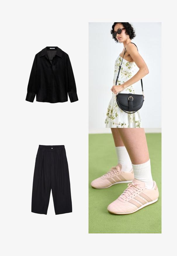 Čierna košeľa s dlhými rukávmi vyrobená z hladkého materiálu so širokým golierom. Obsahuje klopu bez gombíkov a má voľný strih.; Čierne polyesterové culotte nohavice s elastickým pásom, dvoma prednými záhybmi a voľným strihom. Žiadne viditeľné vzory ani detaily z kovu.; Svetloružové športové topánky s diagonálnym šitím, bielymi podrážkami a tromi bočnými pruhmi. Nosené s rebrovanými bielymi ponožkami na zelenej ploche.; Čierna kožená kabelka s zaobleným tvarom, odnímateľným popruhom a zlatými doplnkami. Kabelka má klopu s detailom s prackou.
