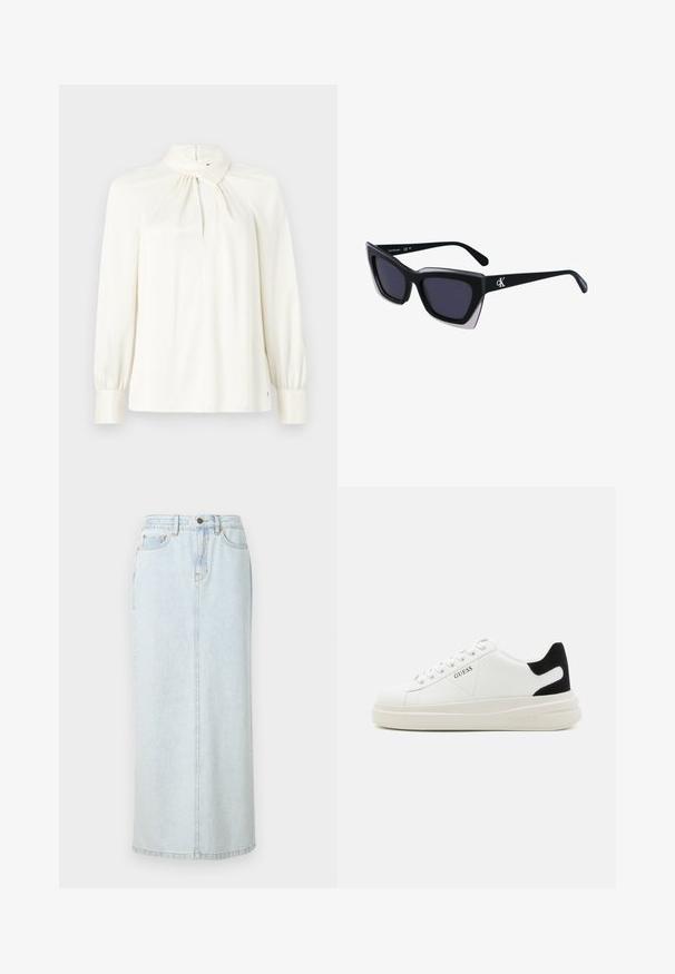 Langsleeve blouse met hoge hals in crème, gemaakt van een gladde stof. Heeft een geplooide detail bij de halslijn en pofmouwen.; Lichtblauwe denim maxi rok met een rechte snit, voorzijde met knopen en zichtbare stiksels. Bevat twee voorzakken.; Witte leren sneakers met een dikke witte zool, zwarte suède hielaccent en een geperst logo op de zijkant. Vetersluiting met zes oogjes.; Zwarte oversized zonnebril met een geometrische vorm, voorzien van donkere glazen en een contrasterend grijs detail op het montuur. Logo op de arm.