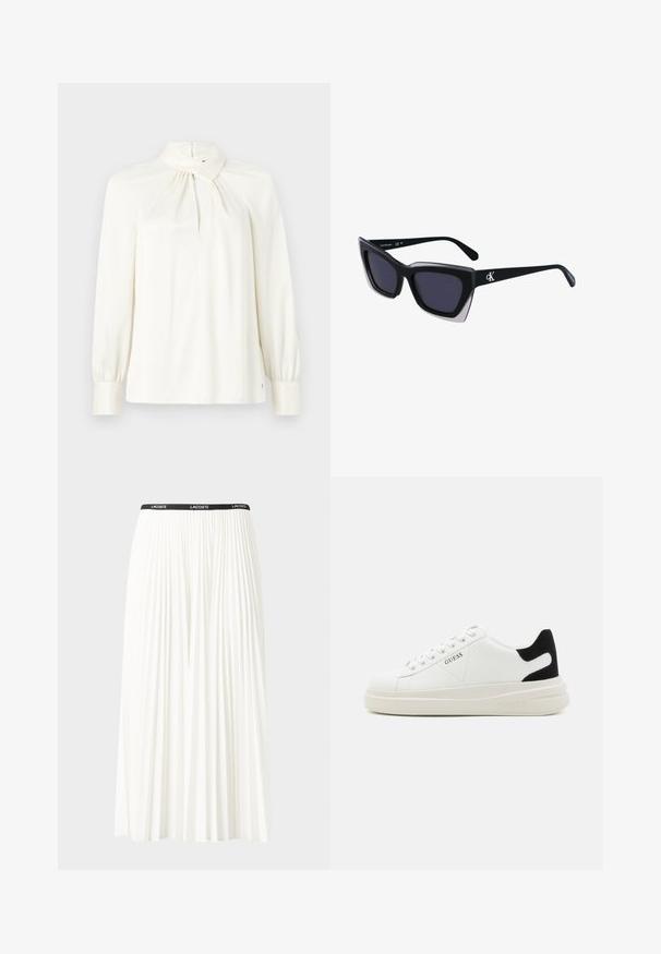 Blusa a maniche lunghe e collo alto color crema, realizzata in tessuto morbido. Presenta un dettaglio arricciato sul collo e maniche a sbuffo.; Gonna bianca plissettata con elastico nero in vita che presenta il logo "LACOSTE". Design di lunghezza media con texture morbida.; Sneaker bianchi in pelle con suola spessa bianca, accento in suede nero sul tallone e logo impresso sul lato. Design con lacci e sei fori per i lacci.; Occhiali da sole oversize neri dalla forma geometrica, con lenti scure e un dettaglio grigio a contrasto sulla montatura. Logo sul braccio.