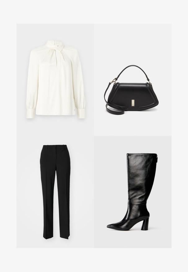 Blouse à manches longues et col haut en crème, fabriquée en tissu lisse. Présente un détail froncé au niveau du col et des manches bouffantes.; Pantalon noir ajusté avec une coupe droite, présentant une texture lisse et des plis nets sur le devant. Aucune quincaillerie visible.; Botte en cuir noir à hauteur de genoux avec un bout pointu, une texture lisse et un talon épais. Elle présente un zip à l'arrière.; Sac à main en cuir noir avec un design structuré, featuring une forme cropped, une poignée supérieure et des accents en matériel doré. Bandoulière réglable incluse.