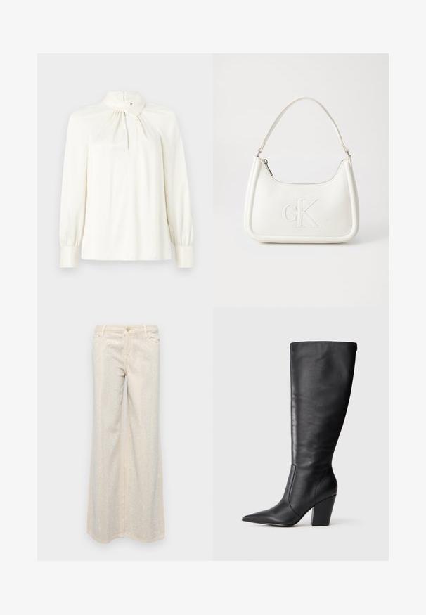 Blusa a maniche lunghe e collo alto color crema, realizzata in tessuto morbido. Presenta un dettaglio arricciato sul collo e maniche a sbuffo.; Pantaloni larghi beige con una texture liscia, caratterizzati da paillettes metalliche argentate disposte in un motivo sul davanti e sul retro.; Stivale in pelle nera al ginocchio con punta affilata e tacco alto spesso, mostrato in profilo laterale sinistro su sfondo bianco.; Borsa a tracolla in pelle bianca con forma curva, dotata di un logo "CK" impresso sul davanti e una singola tracolla. Chiusura a zip nella parte superiore.