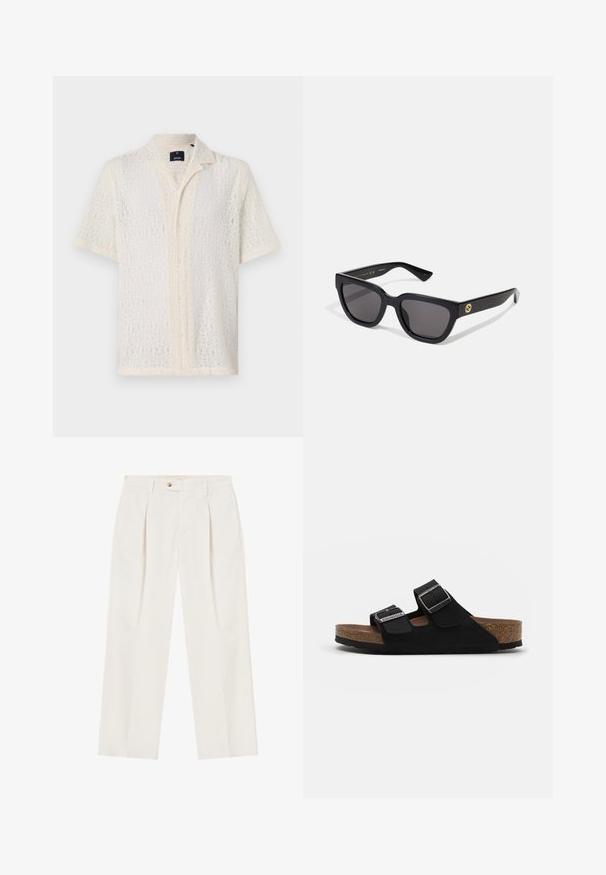 Krátky rukáv košele z priesvitnej, smotanovej čipky s diamantovým vzorom, s bodkovaným golierom a zapínaním na gombíky. Mäkká textúra, ľahký dizajn.; Biele nohavice s širokými nohavicami, so záhybmi vpredu, jedným gombíkom a bočnými vreckami. Hladká textúra a strihovaný dizajn.; Čierne semišové sandále s dvomi nastaviteľnými popruhmi, striebornými prackami a korkovou stielkou. Obsahujú textúrovanú čiernu podrážku pre lepšiu priľnavosť.; Čierne hranaté slnečné okuliare s lesklým povrchom, tmavými šošovkami a zlatými kovovými detailmi na spánku so znakom.