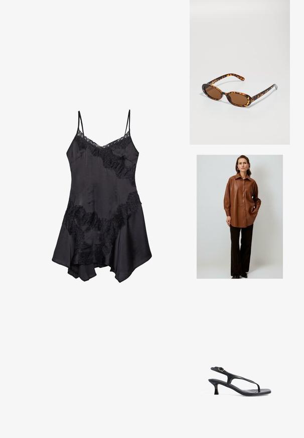 Brązowa koszula z faux skóry z guzikami, z klapkami, luźny krój i długie rękawy, w połączeniu z czarnymi spodniami o szerokich nogawkach.; Czarna satynowa sukienka na ramiączkach z koronkowym wykończeniem, z regulowanymi cienkimi ramiączkami i rozkloszowanym dołem, o miękkiej fakturze oraz ozdobnych falbanach.; Czarne skórzane sandały o smukłym designie, cienkich paskach i małym obcasie. Posiadają akcent w postaci sprzączki oraz gładką, teksturowaną wkładkę.; Okulary przeciwsłoneczne w cętkowanym stylu z owalnymi oprawkami, brązowymi soczewkami i smukłymi czarnymi ramionkami z subtelnymi akcentami wzoru.; Czarna torebka na ramię o teksturowanej powierzchni z krótkimi uchwytami, z złotym zapięciem i akcentami. Projekt jest zorganizowany, o geometrycznej sylwetce.