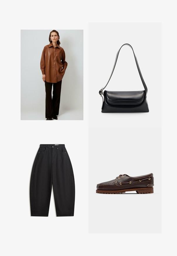 Brun faux læder knap-op skjorte med spidse krave, løs pasform og lange ærmer, parret med sorte vide bukser.; Sorte vidde bukser lavet af bomuld, med høj talje, fem lommer og metalknaplukning. Glat tekstur uden synlige mønstre.; Brune læder bådsko med gyldne øjer, runde snørebånd og en struktureret brun gummisål. Har quiltede detaljer og et forhøjet logo.; Sort læderhåndvask med en struktureret form, en glat overflade og en enkelt skulderrem. Har et subtilt, rundet klapdesign.
