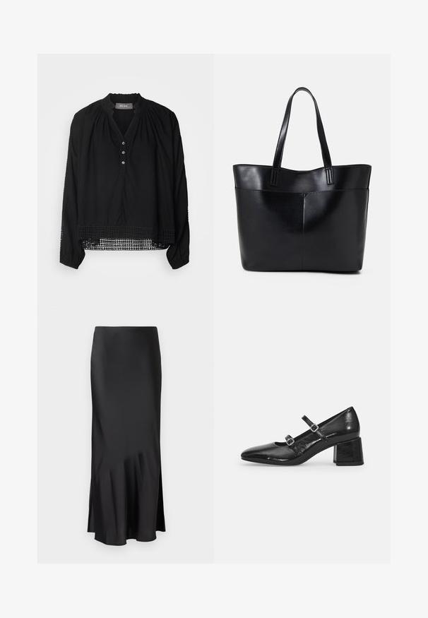 Blusa nera con maniche lunghe, collo rotondo e apertura frontale. Presenta un delicato dettaglio in pizzo lungo l'orlo inferiore e i polsini. Tessuto liscio.; Gonna midi nera in satin con un design elegante, caratterizzata da un leggero svaso all'orlo e uno spacco laterale per facilitare i movimenti. Texture liscia.; Scarpe Mary Jane in pelle patent nera con punta appuntita, due cinturini regolabili e tacco a blocco spesso. Texture liscia e finitura lucida.; Borsa a tracolla in pelle nera con due manici lunghi, una texture liscia e una forma strutturata. Presenta una tasca frontale per ulteriore spazio di archiviazione.