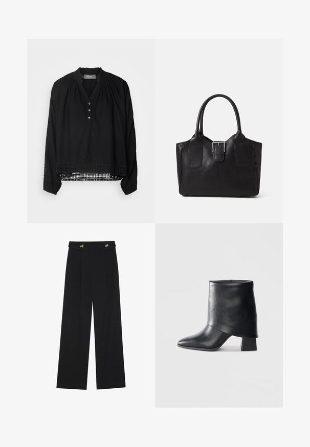 Black blouse with long sleeves, placket front, and round neckline. Features delicate lace detailing along the bottom hem and cuffs. Smooth fabric.; Black wide-leg trousers with high waist, button details on waistband, and front pleats.; Black leather ankle boot with a pointed toe, smooth texture, and a structured block heel. Features a high, folded cuff design.; Black leather tote bag with smooth texture, structured shape, two handles, and a prominent silver buckle detail on the front.