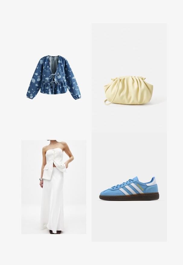 Jeansbluse mit tiefem V-Ausschnitt und Kordelzug vorne, mit einem Peplum-Taille und floralem Muster in hellblau auf einem dunkelblauen Hintergrund.; Weißes Zweiteiler-Outfit mit einem trägerlosen Oberteil mit Knöpfen und Taschen, kombiniert mit einem langen, fließenden Rock. Glattes Material und klare Linien.; Helles blaues Wildleder-Sneaker mit weißen Lederstreifen, einer braunen strukturierten Sohle und goldenen Logodetails. Niedrig geschnittenes Design mit runder Zehenpartie.; Gelbe, gefaltete Handtasche aus glattem Kunstleder mit weicher Form, einzigem Schulterriemen und gerafftem Oberteil.