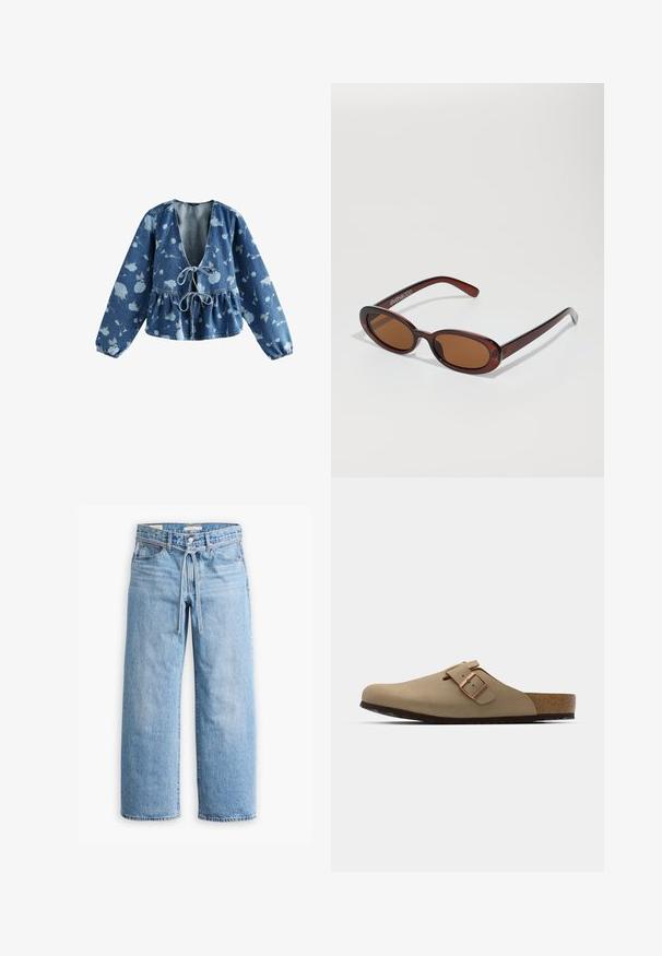Džinsinė bluzoną su giliu V formos iškirpimu ir raišteliu priekyje, koliažuota peplumo juosmeniu ir šviesiai mėlynu gėlių raštu tamsiai mėlyname fone.; Ilga rankovė medvilninė marškinėliai su juodai baltais horizontaliais dryžiais, apvaliu kaklu ir minkšta tekstūra. Nėra matomų detalių ar akcentų.; Šviesiai mėlyni džinsai su plačiomis kojomis, aukštu juosmeniu, sagomis ir užtrauktuku, taip pat su raišteliu juosmens srityje. Neapdorotas apdailos kraštas.; Bežinės klumpės su apvaliu pirštu, reguliuojamu sagties akcentu ir kamštiniu padu. Tekstūruotas paviršius su juodu guminio pado sluoksniu, užtikrinančiu sukibimą.; APvalūs, rudos spalvos saulės akiniai su blizgia burgundinės spalvos rėmeliu. Plonos šakutės su subtiliu ženklinimu. Lygus objektyvo dizainas.