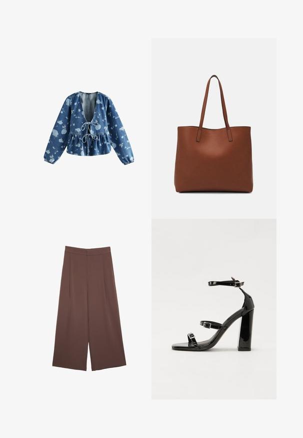 Denimbluse med dyb V-udskæring og snoreholdt front, med peplum talje og blomstermønster i lyseblå på en mørkeblå baggrund.; Brune bredbunde bukser med en glat tekstur, der har høj talje og plisseringer foran. Stoffet er let og falder løst.; Sorte patenterede hælsandaler med firkantet tå, ankelremme og sølvspænder. Har en chunky blokHæl for stabilitet.; Brun læder tote taske med en glat overflade, åben topdesign og to skulderremme. Har minimal syning og ingen synlig hardware.