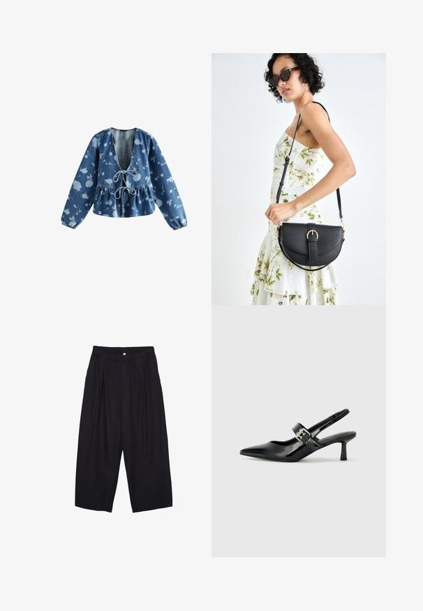 Denim bluza z globokim V-izrezom in sprednjim vrvico, ki ima peplum pas in cvetlični vzorec v svetlo modri barvi na temno modrem ozadju.; Črne poliesterske culotte hlače z elastičnim pasom, dvema sprednjima nabiranjema in ohlapnim krojem. Brez vidnih vzorcev ali kovinskih detajlov.; Črne patent usnjene slingback pete s koničastim nosom in majhnim blok peto, ki vključujejo srebrno zaponko na traku.; Črna usnjena torbica s ukrivljeno obliko, z odstranljivo naramnico in zlatimi dodatki. Torbica ima pokrov s podrobnostmi v obliki zaponke.