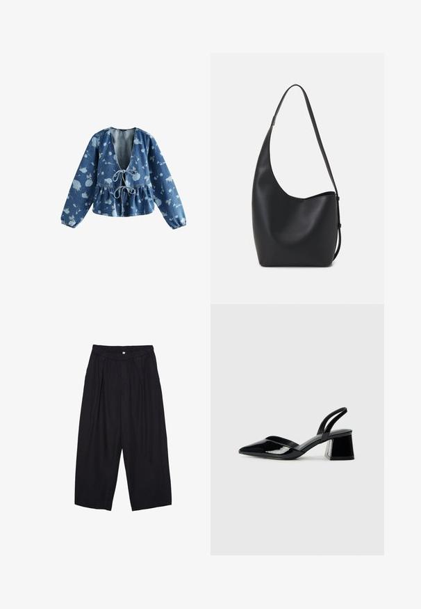 Denim bluzica s dubokim V-izrezom i prednjim vezanjem, s peplum strukom i cvjetnim uzorkom u svijetloplavoj boji na tamnoplavoj pozadini.; Crne poliester hlače culotte s elastičnim pojasom, dva prednja nabora i širokim krojem. Nema vidljivih uzoraka ili metalnih detalja.; Crne lakirane kožne sandale s otvorenom petom i špicastim vrhom, s geometrijskom blok petom. Imaju elegantan, minimalistički dizajn i glatku teksturu.; Crna kožna hobo torba s glatkom teksturom, zakrivljenim oblikom i jednom podesivom trakicom; ima širok otvor na vrhu.