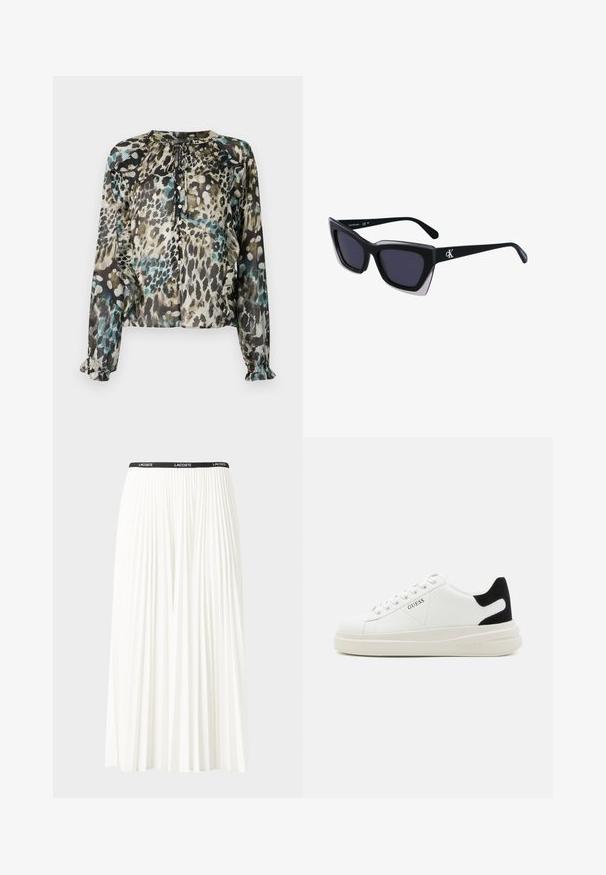 Gjennomsiktig bluse med lange ermer i flerfarget leopardmønster, som har rund hals, knyte detalj og volanger på ermene.; Plissert hvit skjørt med en svart elastisk midje som har "LACOSTE"-logoen. Midjelengde design med myk tekstur.; Hvite lær sneakers med tykk hvit såle, svart semsket hælforsterkning og preget logo på siden. Snøresystem med seks hull.; Store svarte solbriller i overdimensjonert størrelse med geometrisk form, med mørke linser og en kontrasterende grå detalj på rammen. Logo på armen.
