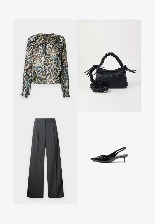 Blusa transparente de manga larga con un estampado de leopardo multicolor, que presenta un escote redondo, detalle de lazo y puños con volantes.; Pantalones de pierna ancha en tejido gris oscuro, con una cintura alta, pliegues simples y una textura suave con un acabado limpio en los dobladillos.; Tacones slingback de cuero negro con punta afilada, pequeño tacón kitten y un detalle de nudo decorativo en la parte frontal. Textura suave en toda la superficie.; Bolso de mano de imitación cuero negro con textura de cocodrilo, parte superior fruncida y correa arrugada. Presenta un diseño suave y compacto.