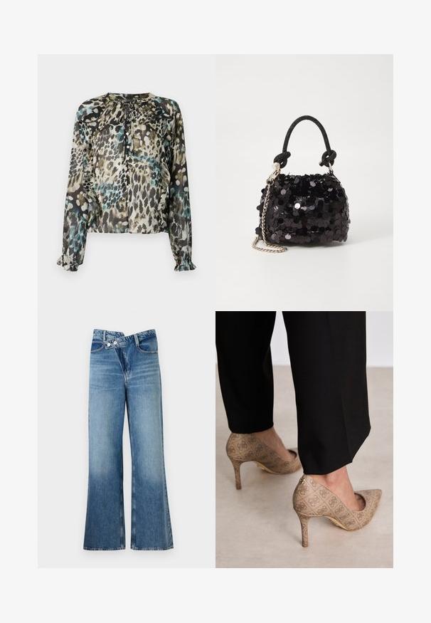Transparente Bluse mit langen Ärmeln in einem mehrfarbigen Leopardenmuster, ausgestattet mit einem runden Ausschnitt, Bindeband und Rüschensaum.; Helle, blaue Jeans mit weit ausgestellt Bein und hoher Taille, ausgestattet mit zwei Knöpfen und vorderen Taschen. Der Stoff hat eine ausgewaschene Textur mit subtilen Variationen.; Beige High Heels aus strukturiertem Stoff mit einem sich wiederholenden Muster. Spitz zulaufendes Design mit einer Rückenausschnitt und goldenen Absatz.; Schwarze Pailletten-Mini-Handtasche mit einem geknoteten, strukturierten Tragegurt und einer silbernen Kette. Abgerundete Form mit gerafftem oberen Teil und reflektierenden Details.