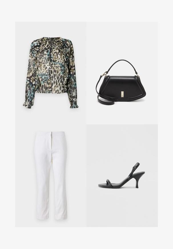 Transparente Bluse mit langen Ärmeln in einem mehrfarbigen Leopardenmuster, ausgestattet mit einem runden Ausschnitt, Bindeband und Rüschensaum.; Weiße Baumwollhose mit geradem Bein, mittelhoher Taille und ohne sichtbare Beschläge oder Muster. Glatte Textur auf der gesamten Fläche.; Schwarze Leder-Sandalen mit hohen Absätzen, schlankem, gebogenem Absatz und gekreuztem Riemendesign. Verstellbarer Knöchelriemen. Glatte Textur.; Schwarze Lederhandtasche mit einem strukturierten Design, das eine verkürzte Form, einen oberen Griff und goldfarbene Hardware-Details aufweist. Verstellbarer Schulterriemen ist enthalten.
