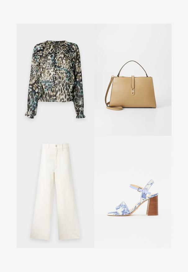 Doorzichtige blouse met lange mouwen in een meerkleurige luipaardprint, met een ronde halslijn, strikdetail en gerimpelde manchetten.; Bredere broek van lichtbeige katoen. Heeft een hoge taille, voorzakken en een rechte snit. Schoon afgewerkte zoom zonder patronen.; Blauw bloemenpatroon sandaal met een vierkante neus, een brede band en een verstelbare enkelband, met een getextureerde houten blokhak.; Tommy Hilfiger LIBRE SATCHEL - Handtas - safari