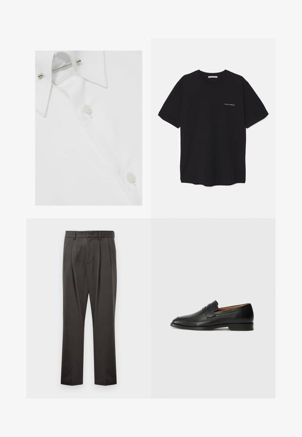 Vit bomullsskjorta med klassisk krage, knappstängning och metalldetalj för kragen, som visar en slät, strukturerad yta.; Svart bomull T-shirt med rund hals, korta ärmar och vit logotryck på vänster bröst. Enkel, enfärgad design.; Mörkgrå byxor i strukturerad tyg, med slät front, veck, raka ben och bälteshällor. Ingen synlig hårdvara eller mönster.; Svart läderloafersko med rund tå, subtila sömnadsdetaljer och låg klack, med en jämn yta och minimalistisk design.