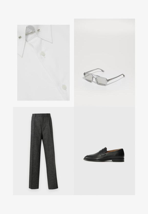 Camicia da uomo in cotone bianco con colletto classico, chiusure a bottone e ferma colletto in metallo, che presenta una finitura liscia e strutturata.; Pantaloni grigi su misura realizzati in tessuto strutturato, con due pieghe frontali e un design a gamba dritta. Nessuna tasca o decorazione visibile.; Mocassino in pelle nera con punta arrotondata, dettagli cuciti sottili e tacco basso, caratterizzato da una texture liscia e un design minimalista.; Emporio Armani Occhiali da sole - shiny transparent grey