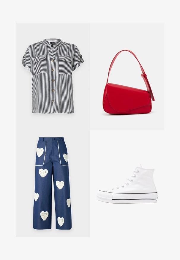 Průhledná blůza krátkého rukávu v námořnické modré a bílé barvě, se dvěma předními kapsami, zapínáním na knoflíky a volným střihem. Obsahuje knoflíky ve zlatém odstínu.; Sister Jane HEART TO HEART - Džíny Straight Fit - blue denim; Bílé vysoké plátěné tenisky s černou gumovou podrážkou, přední gumovou špičkou a šesti očky na tkaničky, se čistým, minimalistickým designem.; Červená kožená kabelka s ostrým, geometrickým designem. Má jeden nastavitelný popruh a klopu s prošívanými detaily.