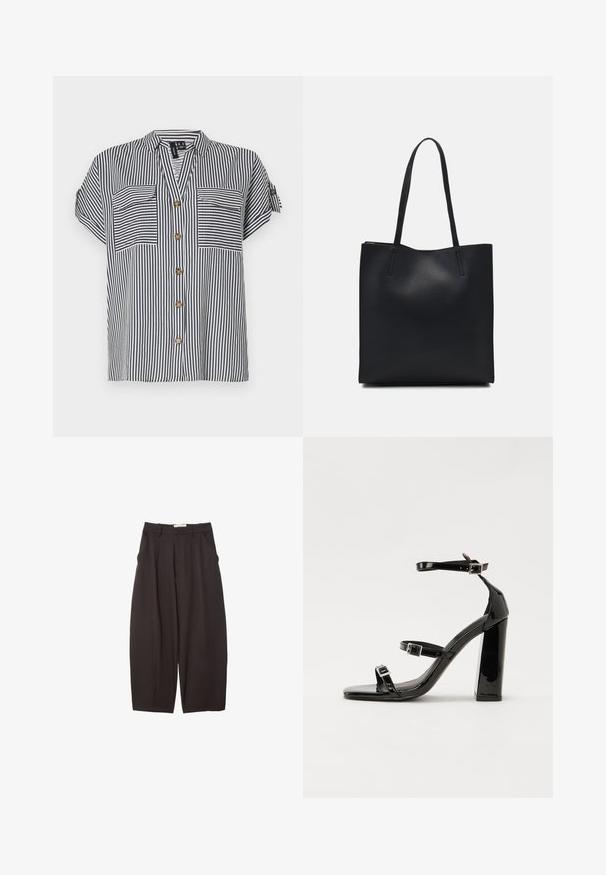 Prugasta bluza s kratkimi rokavi v mornarsko modri in beli barvi, z dvema sprednjima žepoma, zavezovanjem spredaj in sproščenim krojem. Ponuja zlate gumbe.; Črne široke hlače iz gladkega materiala, z visokim pasom, zgornjimi pregibi in stranskimi žepi. Preprost dizajn brez okrasnih elementov.; Črne lakirane sandale s peto, kvadratnim prstom, trakovi okrog gležnja in srebrnimi zaponkami. Opremljene so s stabilno Debelo peto.; Črna usnjena torba s svilnato teksturo, pravokotne oblike in dvema dolgima ročajema. Brez vidnih metalnih delov ali okrasnih elementov.