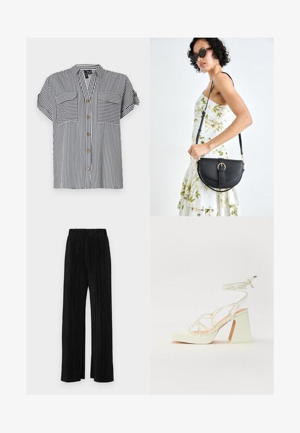 Navy ir baltai dryžuota trumpomis rankovėmis palaidinė su dviem priekinėmis kišenėmis, mygtukų užsegimu ir laisvu siluetu. Papuošta aukso spalvos mygtukais.; Juodi plisuoti kelnės su elastine juosta. Turėkite plačias kojas ir glotnų, tekstūrinį audinį su vertikaliais dryžiais.; Balti aukštakulniai sandalai su masyviu kulnu, su dirželių dizainu ir kulkšnies raiščiu. Lygi tekstūra su platforma priekyje, suteikianti papildomą aukštį.; Juodas odinis krepšys su išlenkta forma, nuimamu dirželiu ir auksiniais detalėmis. Krepšys turi kilpą su sagtimi.